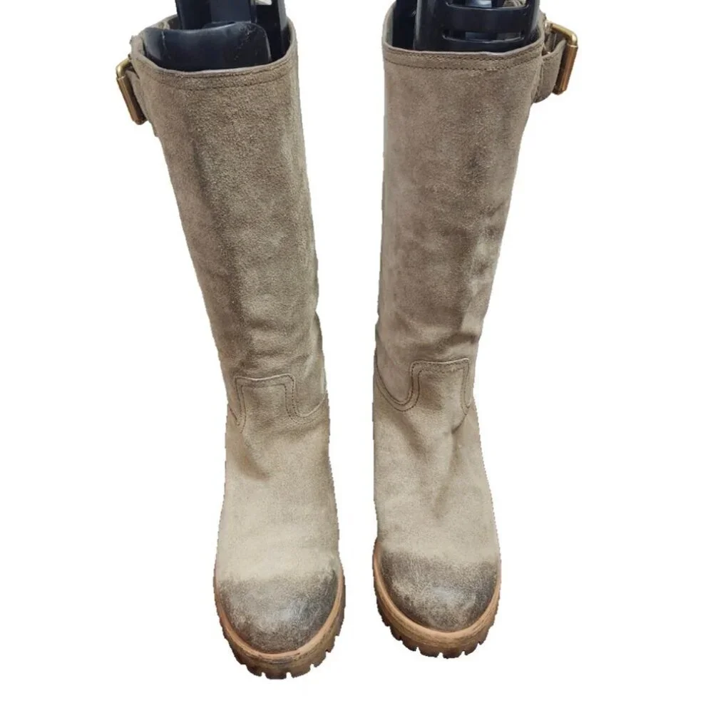 Prada Suede Mid Calf Moto Boots 37.5 Beige Taupe Leather Lined Lug Sole Side Zip - Picture 2 of 15